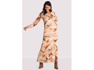 VESTIDO LONGO ESTAMPADO EM VISCOSE COM MANGA LONGA- MANSIDÃO MARROM