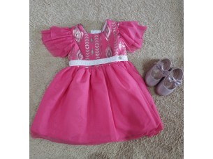 Vestido Rosa Rodado Manga com Babados