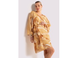 VESTIDO CURTO ESTAMPADO EM VISCOSE COM FAIXA - MANSIDÃO  AMARELO