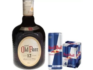 Combo de Whisky Escocês Old Parr + 04 Red Bull +04 gelo saborizado + 04 copos