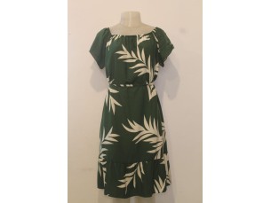 Vestido estampado feminino com manga curta verde militar com branco