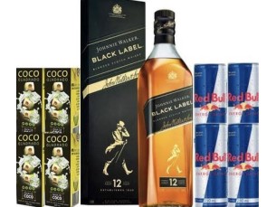 Combo com Whisky Johnnie Walker Black Label 1l + Red Bull + 04 Gelo saborizado + 04 Copos