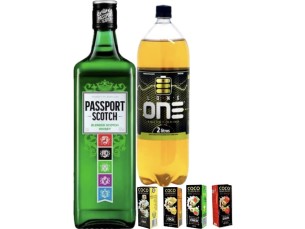 Combo com Whisky Passport tradicional + energético de 2l + 04 unidades de gelo saborizado