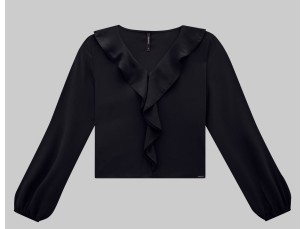 BLUSA MANGA BUFANTE EM VISCOSE COM BABADO- PRETO REATIVO