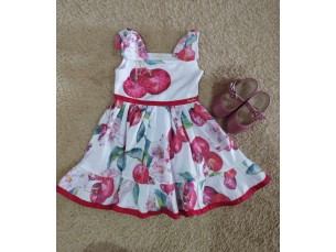 Vestido Flores e Cerejas com Laço no Ombro