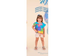 Conjunto infantil menina blusa colorida e short bege 