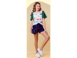 Conjunto menina blusa estampada e short - Acompanha a bolsa