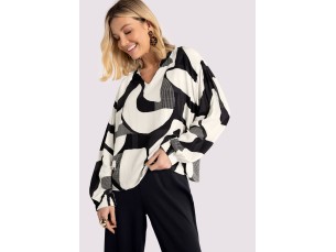 BLUSA MANGA LONGA BUFANTE EM VISCOSE ESTAMPADA- MOLDURA PRETO