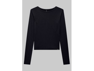 BLUSA MANGA LONGA CANELADA COM RECORTE ASSIMÉTRICO - PRETO REATIVO